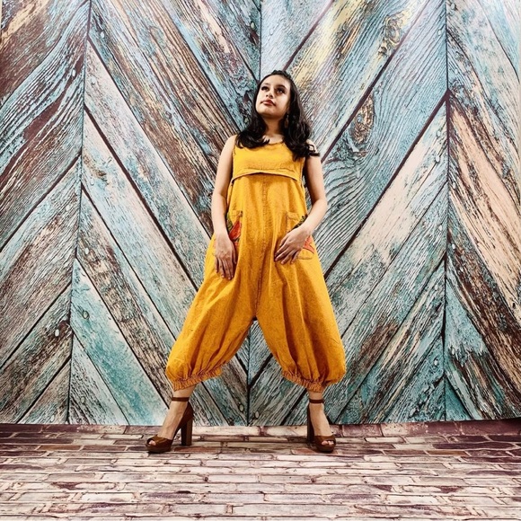 Stonewash patchwork Harem Pants Jumpsuit Romper - Picture 4 of 9